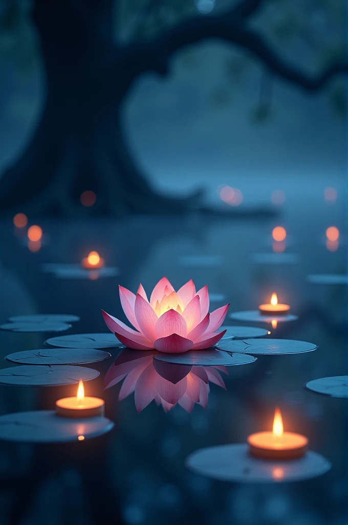 This image depicts a beautiful and serene scene where a lotus flower is blooming in a calm waterbody. The flower is softly illuminated, with its reflection visible on the waters surface. Several small lanterns are floating around, adding a mystical ambianc...