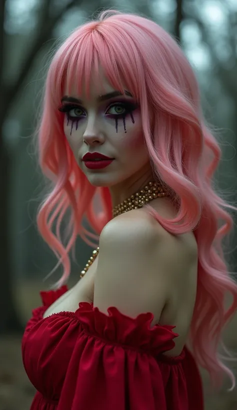 Extremely specific 4K photograph of a woman with Chanel pink hair, eyes black, seductive look and soft smile, red lipstick on the lips, golden accessories, wearing a long red dress in the horror park, halloween