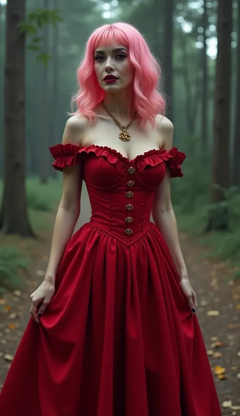 Extremely specific 4K photograph of a woman with Chanel pink hair, eyes black, seductive look and soft smile, red lipstick on the lips, golden accessories, wearing a long red dress in the horror park, halloween