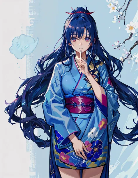 Aoi Kanzaki has long, dark blue hair usually tied up with a hairband. She wears a blue kimono with floral patterns. Her appearance is gentle and approachable, reflecting her role as a caretaker for injured demon slayers.