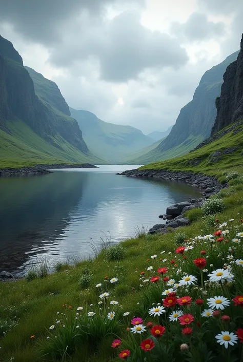 a beautiful serene lake in the scottish highlands,  beautiful white and red flowers, realistic, photorealistic, photo-realistic:1.37, 8k, best quality, masterpiece:1.2, ultra-detailed, physically-based rendering, vivid colors, dramatic lighting, dramatic c...