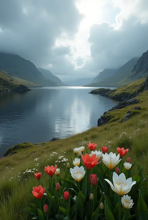 a beautiful serene lake in the scottish highlands,  beautiful white and red flowers, realistic, photorealistic, photo-realistic:1.37, 8k, best quality, masterpiece:1.2, ultra-detailed, physically-based rendering, vivid colors, dramatic lighting, dramatic c...