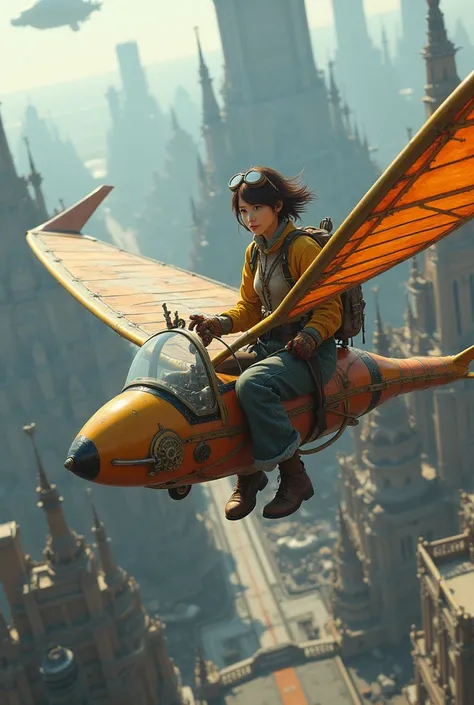 In a steampunk world, a 50-year-old Japanese woman with short hair and a standard body type is flying through the sky on a steampunk hang glider, she has a boyish look with saddle brown hair, steampunk  aerial city, steampunk  airships, Loose fitting steam...