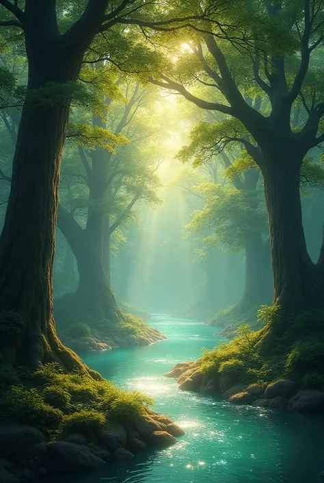 Setting:
A serene and lush forest near a gently flowing river. The river is sparkling with a magical glow. Tall trees with thick green foliage surround the area, and soft sunlight filters through the leaves, casting dappled light on the ground.