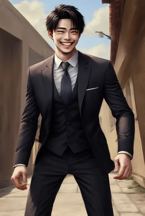 ((best quality)), ((masterpiece)), (detailed), perfect faceBlack-haired, werewolf boy, gentle and handsome, smiling face, reaching out to you, wearing a suit, sunny and cheerful