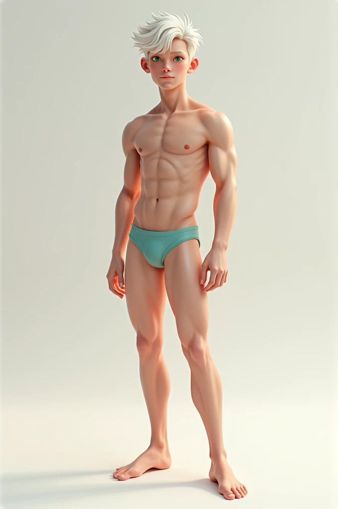 Create an image of a white skinned twink male, slim green eyes and white hair youthful looking in swimsuit.