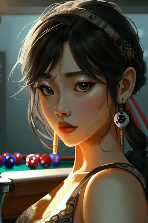 the icon for the game, character icon, korean girl, grey background, holding stick pool, billiard, icon game 8 ball pool