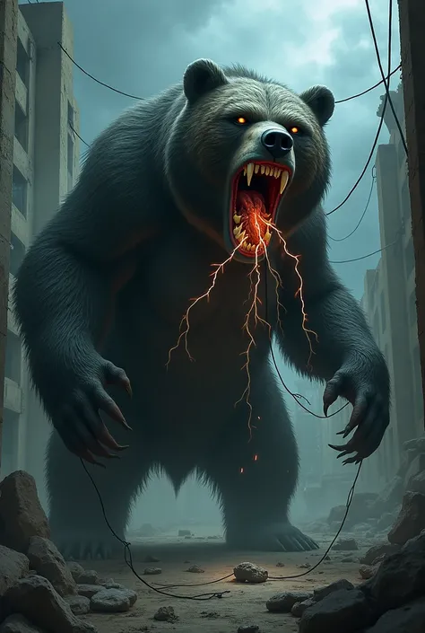 Scary bear hold wires in a mouth 