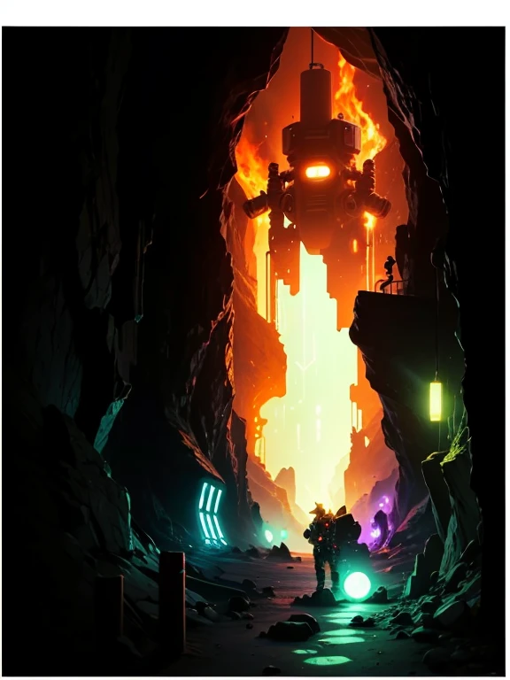 Underground cave, underground mining background, fantasy glowing plant, yellow shiny electric, big robot boss in the backgrkund, some fire burning light in the back of big robot boss, high quality, perfect 4k quality, beautiful scenery