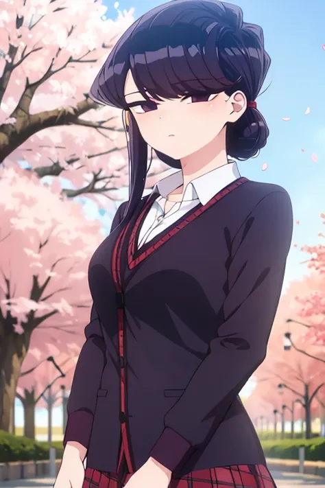 Dark purple hair, dark purple eyes, white shirt, red school skirt, cherry blossom trees, petals falling 