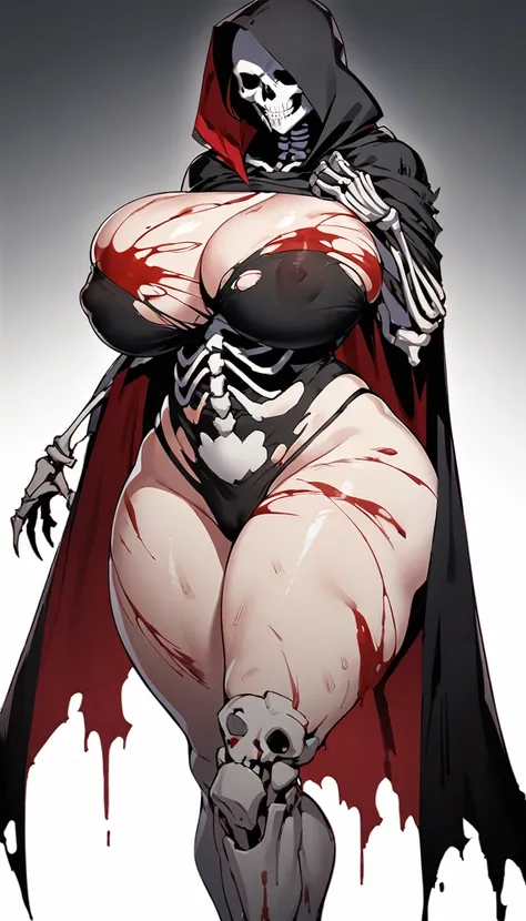 Grim Reaper, skeleton face,curvy body,wearing torn cloak(black),big breast,big thighs, covered in blood,bruised body, bruised face, brutally injured,empty background,nsfw