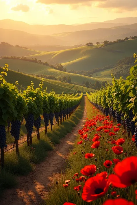 a beautiful detailed landscape, rolling hills of vineyards, ripe burgundy grapes, vibrant red poppies, golden sunlight, soft warm tones, lush greenery, winding paths, atmospheric depth, photorealistic, 8k, hyperdetailed, masterpiece, professional digital a...