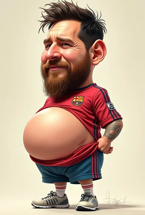 A very funny caricature of messi with a very big head and small legs and a big belly