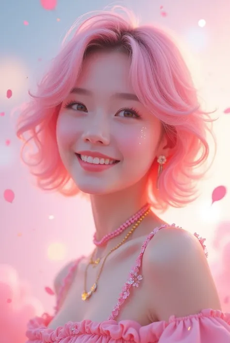 Female kpop idol with a pastel pink short