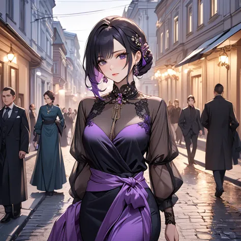 ((Highest quality)), ((masterpiece)), (detailed), （Perfect Face）、The woman is Shinobu Kocho, a Russian with black hair in a purple gradient bob style, tied up in a formal evening hairstyle.、In the streets of Russia, women are beautifully dressed in everyda...