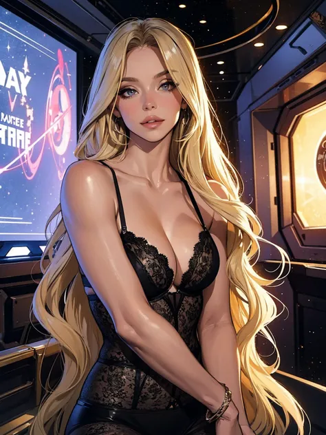 1girl,a beautiful fashion model ,(masterpiece, detailed background, best quality), shiny shoulder length hair, light blonde hair with blonde highlights dark roots, ,smirk,juicy lips, full lips, calmart, lingerie, stripping, elegant makeup, sci fi environme...