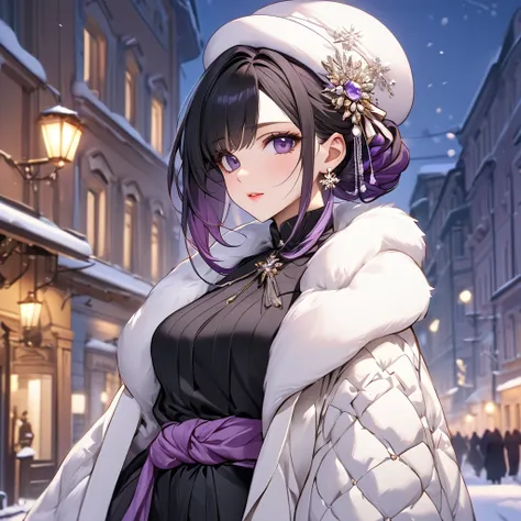 ((Highest quality)), ((masterpiece)), (detailed), （Perfect Face）、The woman is Shinobu Kocho, a Russian with black hair in a purple gradient bob style, tied up in a formal evening hairstyle.、In a Russian city in winter, a woman is beautifully dressed in eve...