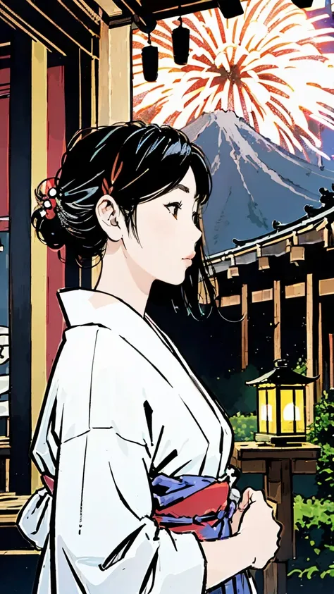 A beautiful girl in a Japanese shrine wearing a traditional yukata, her black hair in a profile view, with lantern light and fireworks in the night sky, against the backdrop of Mount Fuji

(best quality,4k,8k,highres,masterpiece:1.2),ultra-detailed,(realis...