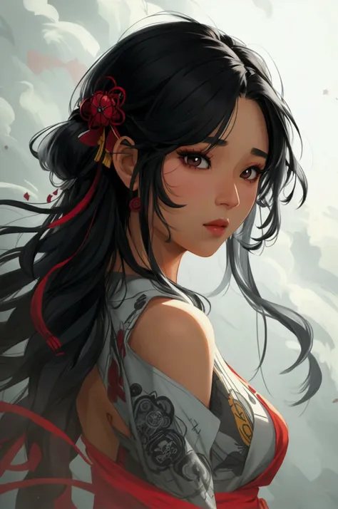 the icon for the game, character icon, korean girl, long wavy hair, black hair, 21 years old,grey background, comic style, half body,