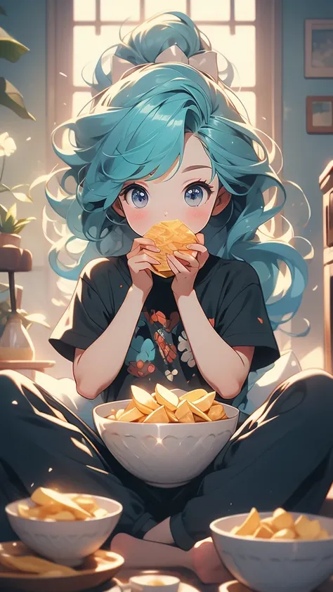 slightly girl watching a movie and eating crisps from a bowl, ,,HoloDayo XL
