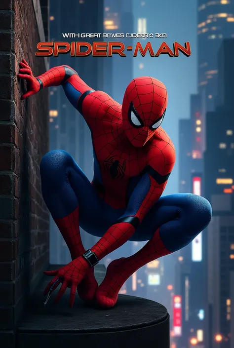 Create a cinematic poster featuring Spider-Man in his classic red and blue suit, swinging through the city or perched on a building, with a dramatic cityscape in the background. The scene should convey motion and energy, with Spider-Man in a dynamic pose, ...