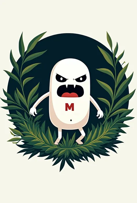 Make a logo a white thin stickman with angry roar face with m letter in stomach and jungle background
