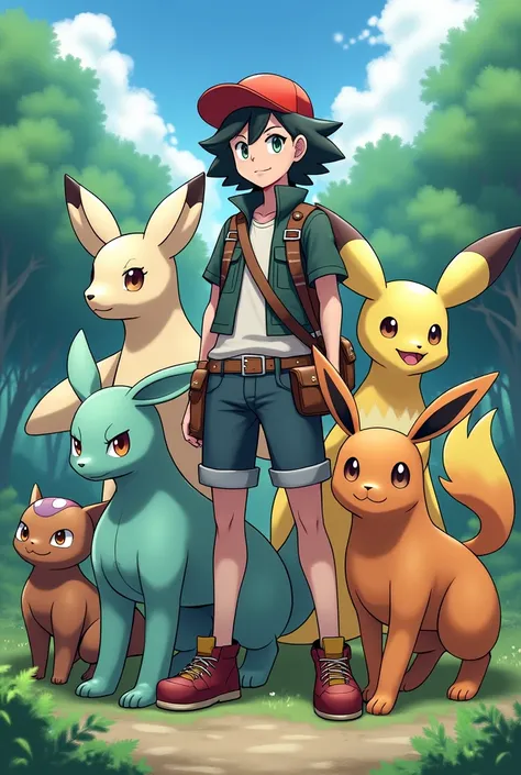 Pokemon trainer with his team formed by delphox, trevenant,kommo-o, mandibuzz, alola raichu and carracosta