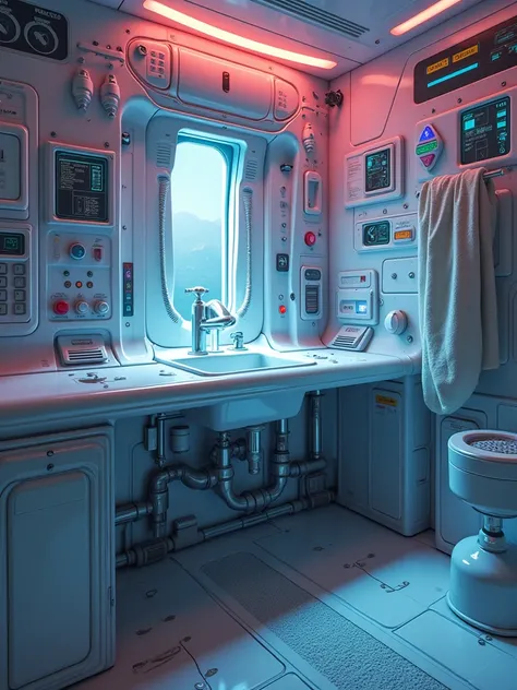 Sink leak, solid color background, hyper-realistic sci-fi style, realistic super-detailed rendering, electric color matching, fantasy realism, 32k ultra high definition, solid color background button spaceship, hyper-realistic sci-fi style, realistic super...