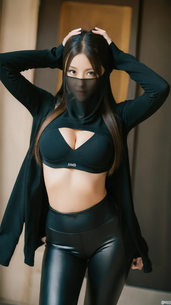 （lifelike， high - resolution：1.3），full body , 1 girl with a perfect body， Super fine face and eyes，slong hair， midriff of black colors：1.2， black shiny leggings，face veil,   big boob，Expose cleavage, ninja pose.