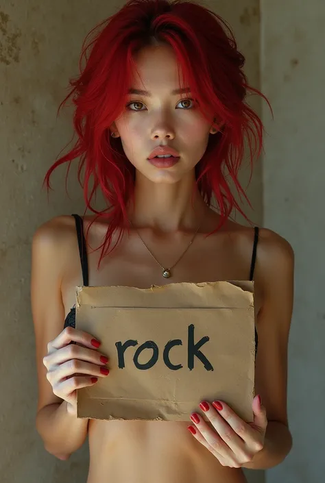 Beautiful red-haired Asian girl, half naked, holding a sign with the inscription rock