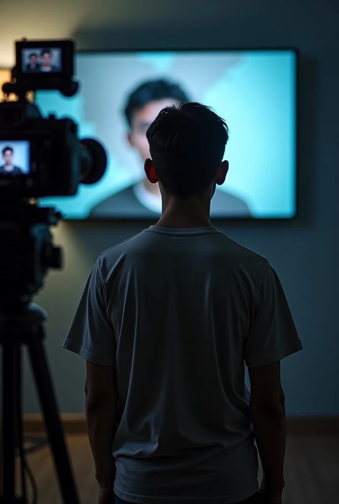 One boy stand, and his back side a tv news 
Boy s age in 18 and boy s face is on the camera 