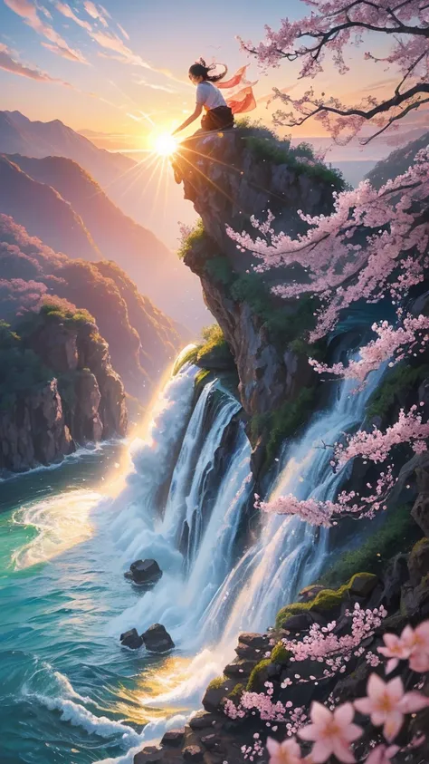 A dynamic depiction of a powerful carp climbing a waterfall。In the background, plum blossoms in full bloom and the morning sun shining、Demonstrate strong will and desire to pass the exam。A powerful brushstroke depicts ripe rice ears.。In the background is a...