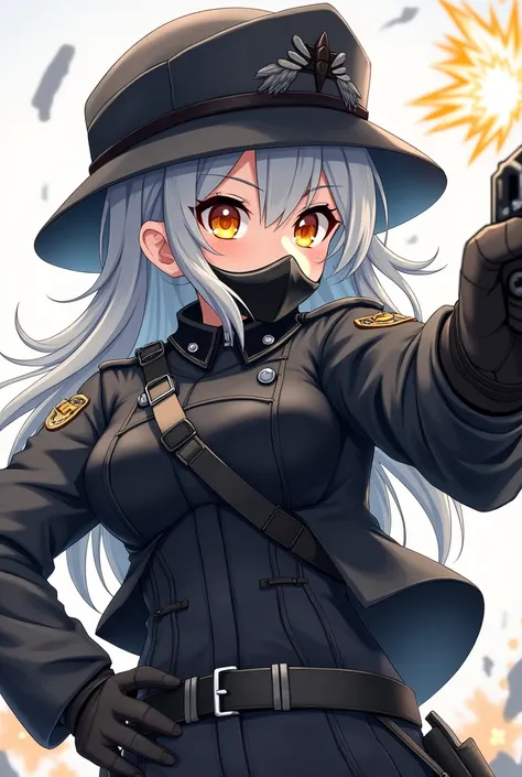 You could create a girl Anime style She has gray hair White skin Yellow eyes between orange She wears a black female military outfit and along with a Mexican military helmet also black She is holding a weapon and wearing a black face mask