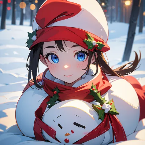 Christmas theme, 1 cute beautiful snowman,, 8k, hd, unreal engine, masterpiece, 4k, extra details, Christmas decoration, snow, close face, Christmas cosplay, 