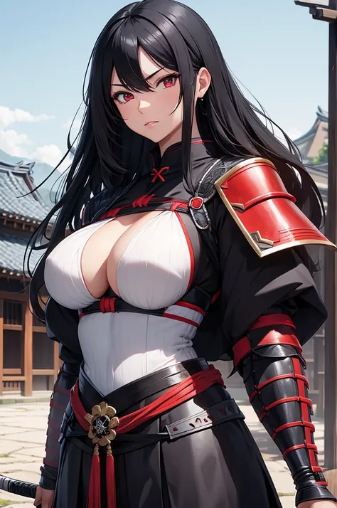 Woman samurai armor long black hair red eyes big breast feudal village sword