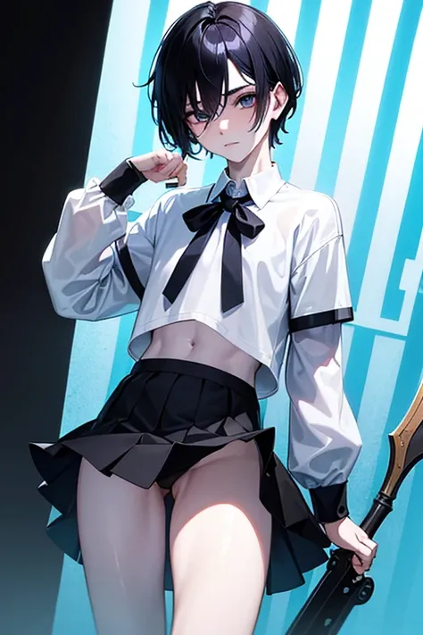 A teenage male with very white skin, black hair with blue streaks on one side and a tender face wearing a white shirt that reaches his abdomen, wearing a black skirt and big thighs.