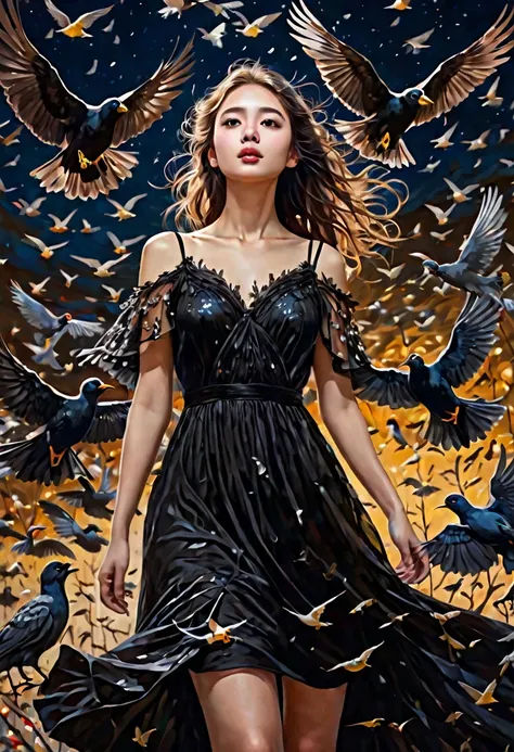 Rough surface, oil on canvas style, delicate face, upper body, a girl, a girl in a black dress, big bird wings, fluttering, surrounded by birds, extreme flow, night, super detailed, intricate, 32k uhd megapixels
best quality --iw 0.5 --q 2 - -s 750 - -two ...