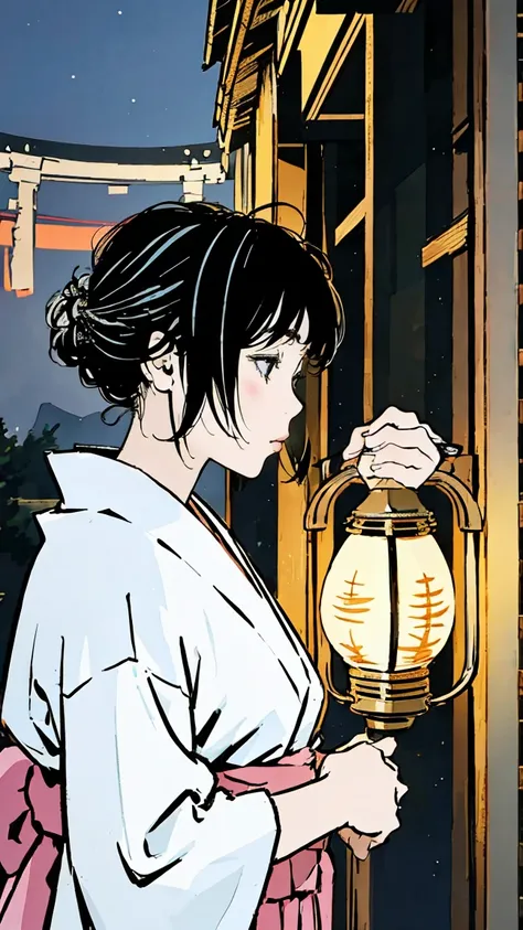 A beautiful girl in a Japanese shrine wearing a traditional yukata, her black hair in a profile view, with lantern light and fireworks in the night sky, against the backdrop of Mount Fuji

(best quality,4k,8k,highres,masterpiece:1.2),ultra-detailed,(realis...