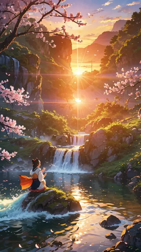 A dynamic depiction of a powerful carp climbing a waterfall。In the background, plum blossoms in full bloom and the morning sun shining、Demonstrate strong will and desire to pass the exam。A powerful brushstroke depicts ripe rice ears.。In the background is a...