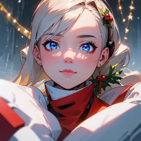 Christmas theme, 1 cute beautiful cyborg, 8k, hd, unreal engine, masterpiece, 4k, extra details, Christmas decoration, snow, close face, Christmas cosplay,  christmas gifts, christmas presents