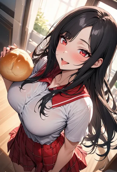 (best enjoy style), up view, (hand holding the Delicious baked round bread, Theres cream inside), (solo:2, 18 yo) (beautiful detailed middle part bangs) (beautiful black hair long hair) (beautiful sexy sadist girl) (best cool red eyes) (best happy smile, g...