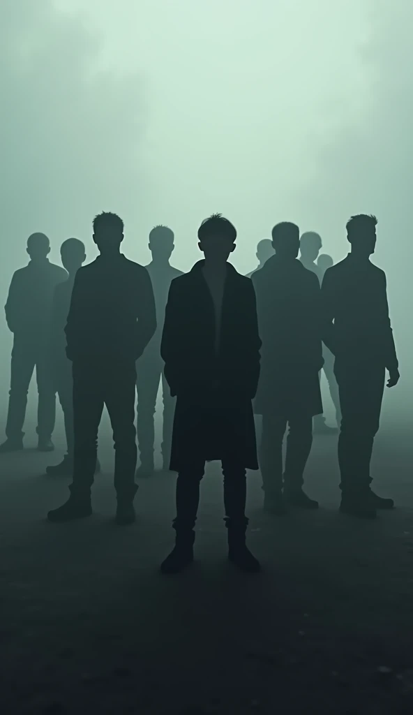 a group of 10 people who only see their shadows, that they are adults with clothes from different periods, and in the middle of all there is a young man, and that your eyes stand out from the rest, with a foggy background