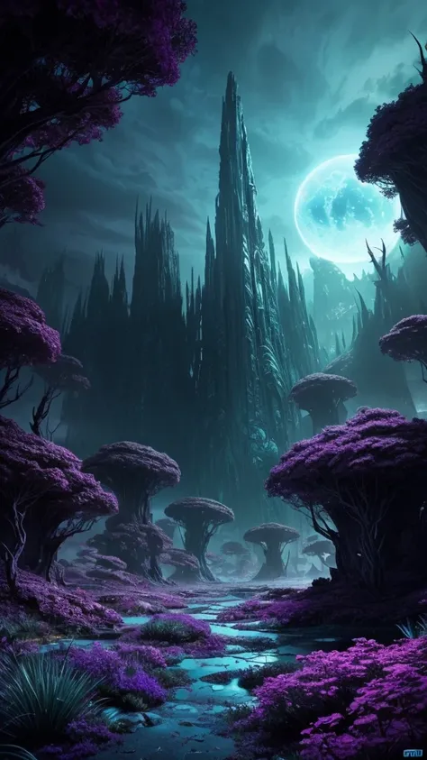 a fantasy alien planet, alien landscape, strange planets, futuristic, otherworldly, mysterious, vast alien skies, towering alien architecture, glowing alien flora, floating islands, glowing alien crystals, bioluminescent alien wildlife, exotic alien foliag...