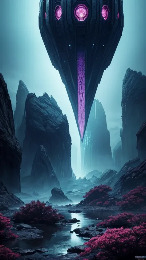 a fantasy alien planet, alien landscape, strange planets, futuristic, otherworldly, mysterious, vast alien skies, towering alien architecture, glowing alien flora, floating islands, glowing alien crystals, bioluminescent alien wildlife, exotic alien foliag...