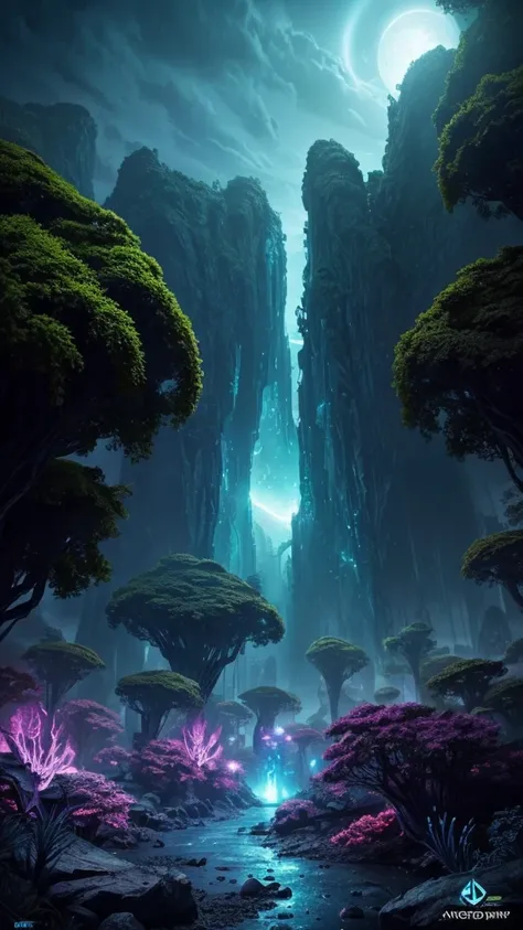 a fantasy alien planet, alien landscape, strange planets, futuristic, otherworldly, mysterious, vast alien skies, towering alien architecture, glowing alien flora, floating islands, glowing alien crystals, bioluminescent alien wildlife, exotic alien foliag...