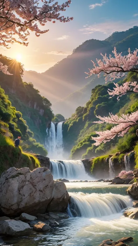 A dynamic depiction of a powerful carp climbing a waterfall。In the background, plum blossoms in full bloom and the morning sun shining、Demonstrate strong will and desire to pass the exam。A powerful brushstroke depicts ripe rice ears.。In the background is a...