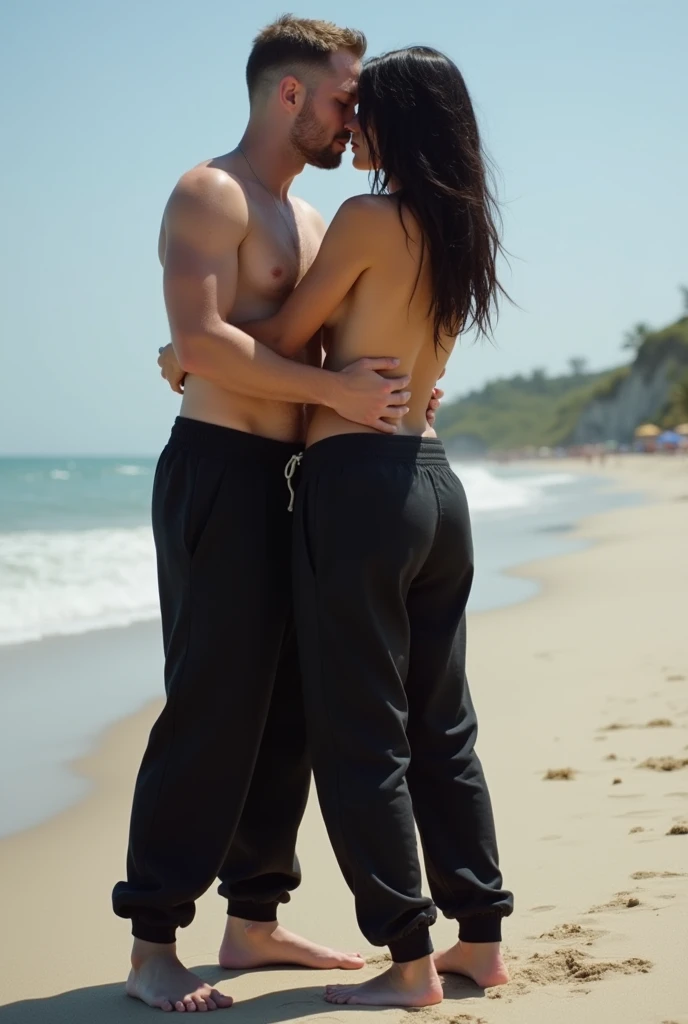 black hair, black sweatpants, White skinned, Braless, Barefoot woman cuddling with her friends on the beach