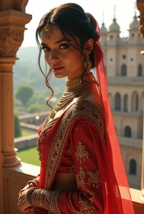 Indian queen heavy jewellery and heavy lehnga attractive pretty small face and in Indian castle same face different pose zoom pose looking from balcony 