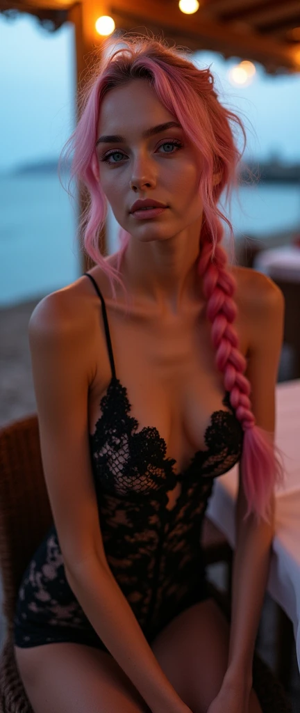 Attractive woman with blue eyes, seductive look, soft and angelic smile, pink hair in braids, in a seaside restaurant, with night lighting, at night, wearing a very provocative and vulgar lace dress