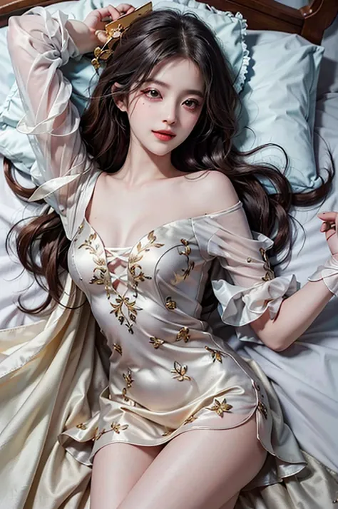 Sweet Girls Clothes 4,Off-shoulder dress,Jewelry,Fashion Girl, (best quality, masterpiece:1.2), Extremely detailed, (Practical:1.37), beautiful, youth, Glamorous model (big eyes, Delicate eyes, Delicate lips, Delicate eyes), Lying in bed, Available in whit...